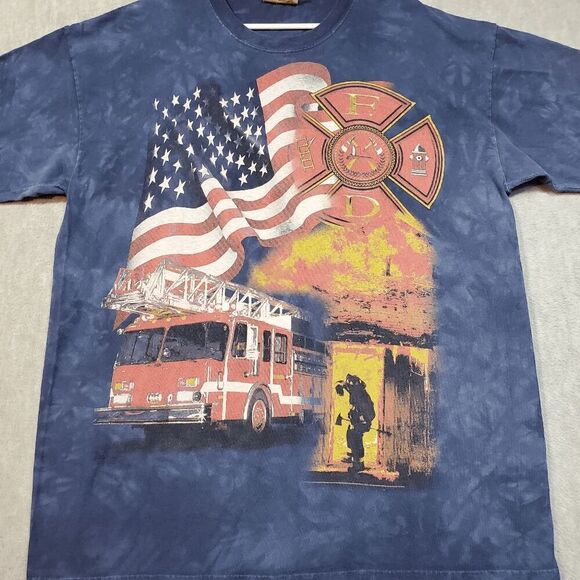 9/11 Firefighter Shirt Mens XL Blue The Mountain Piedye Dept Rescue US Flag Vtg - Picture 5 of 6